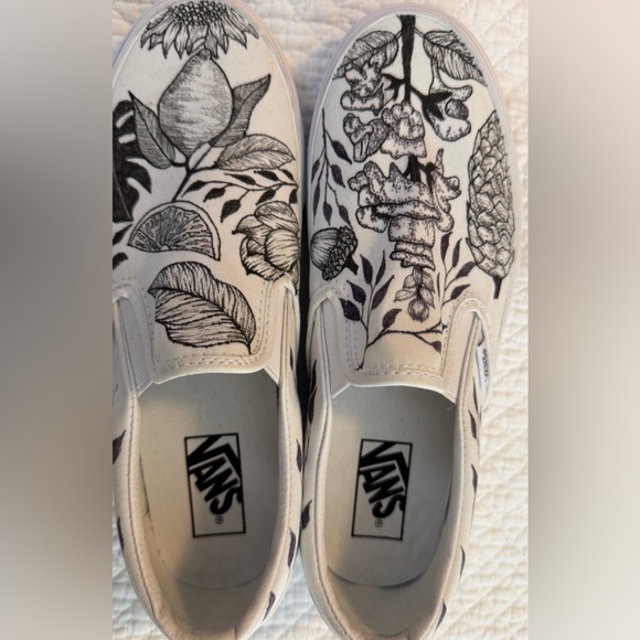 Vans Black/WhiteSlip-On, Custom Hand Drawn Design botanical theme, W Sz 9.5, M 8 - Picture 2 of 13